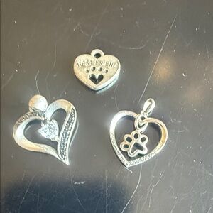3 Silver Heart Charms with Paw and Angel Designs